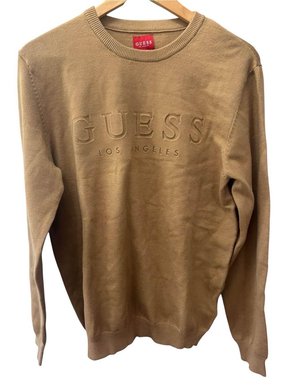 GUESS Men's Camel Crewneck Sweater with‎ Embossed Logo Size Large NWT